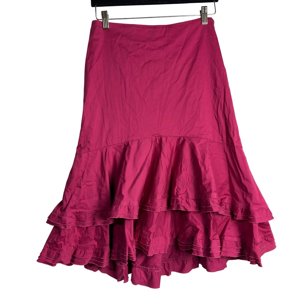 Odille Anthropologie Pink Tiered Ruffle Midi Skirt Magenta Cotton boho artsy 4
